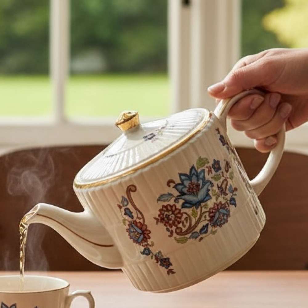 Vintage Woods & Sons Ellgreave Floral Ironstone Teapot with Gold Accents
